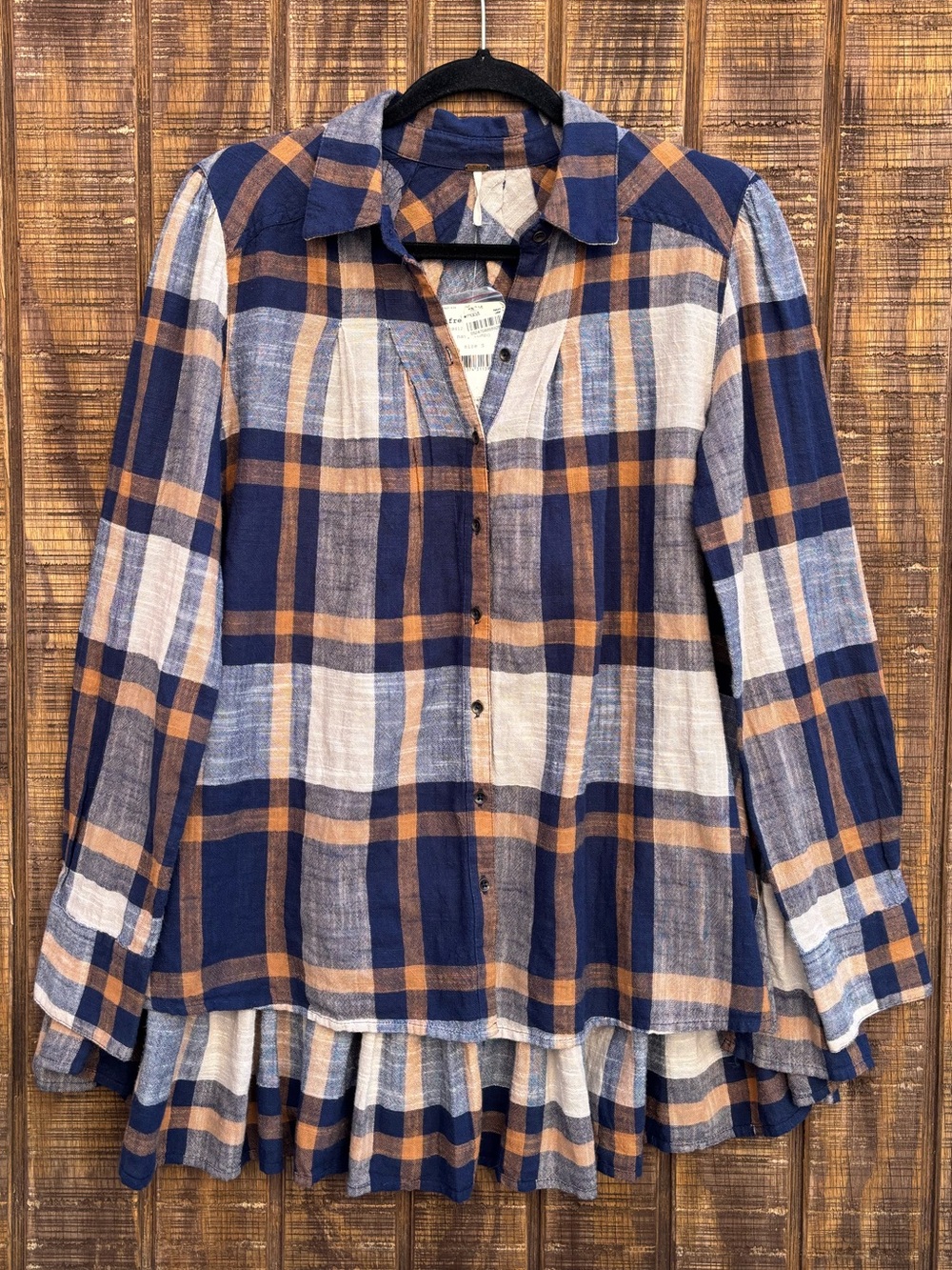 NWTS Free People Navy Blue Tan And Cream Color Plaid Button Up Oversized Blouse
